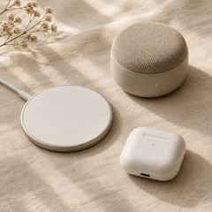 Wireless earbuds, charging pad and speaker on cream linen
