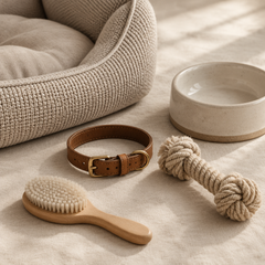 Dog bed, collar, rope toy and pet bowl on cream linen