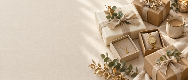 Wrapped gifts with a gold necklace and watch on cream linen