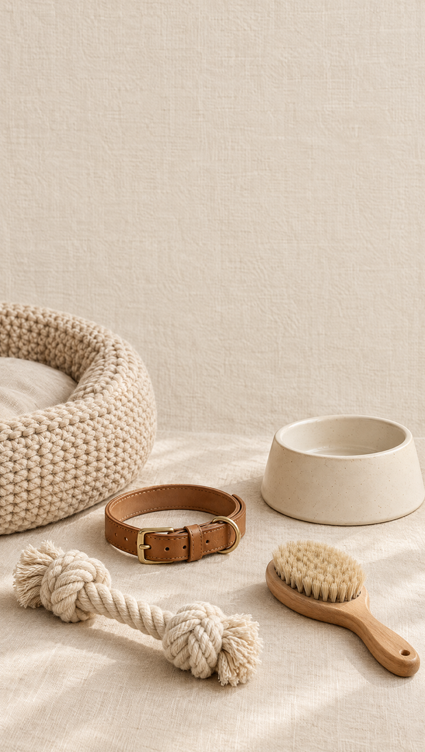 Pet bed, collar, rope toy and bowl on cream linen