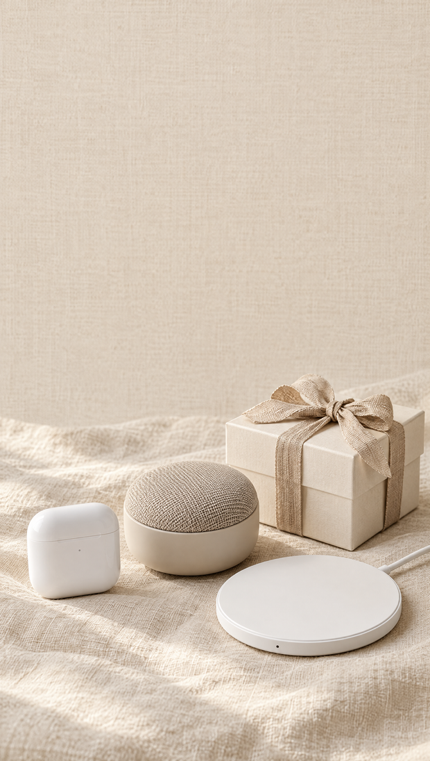 Wireless earbuds, speaker and gift box on cream linen