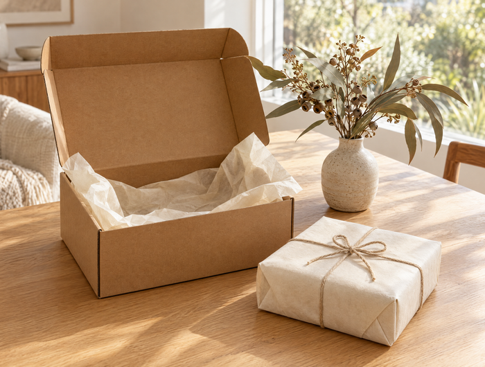 Opened delivery box with tissue paper on a wooden table