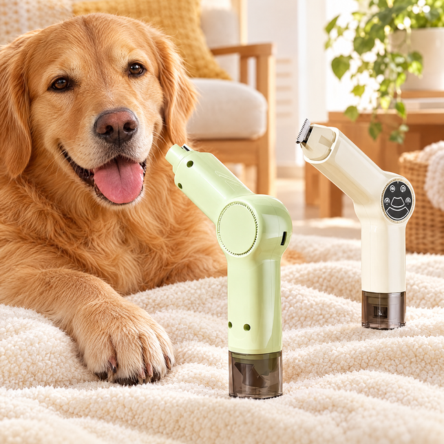 2-in-1 pet paw trimmer and nail grinder beside a dog's paw