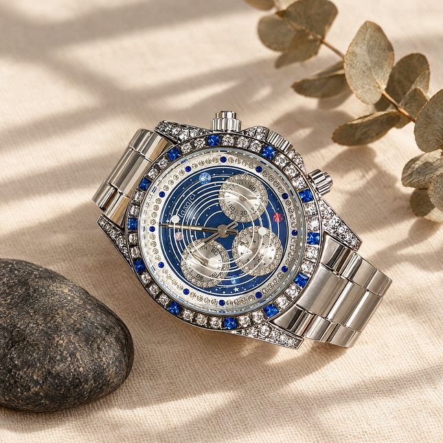 Men's six-hand luminous chronograph watch on cream linen