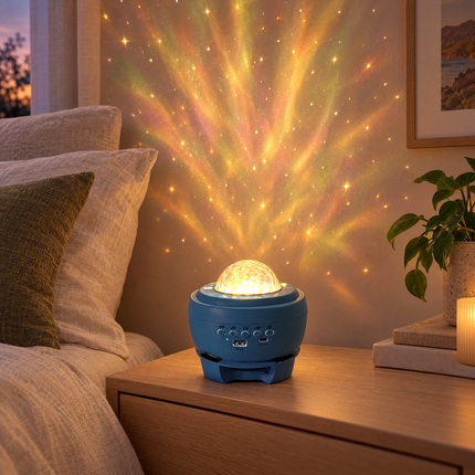 Bluetooth speaker with starry sky projection on a bedside table