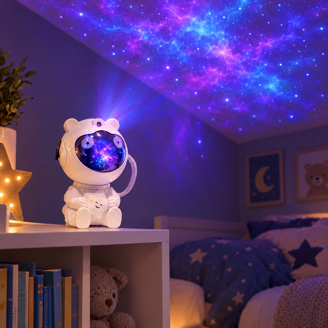 Astronaut galaxy projector lighting up a kids bedroom