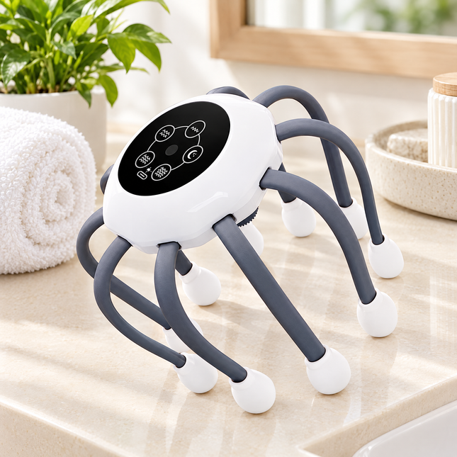 Electric scalp massager on a cream bathroom vanity