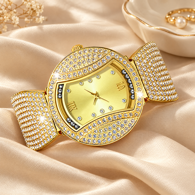 Women's sparkling rhinestone quartz watch on cream silk