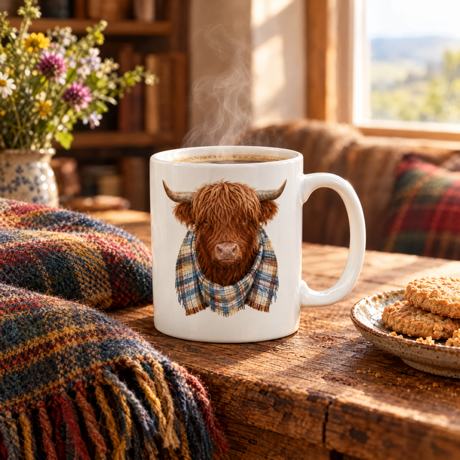 Highland cow ceramic coffee mug on a wooden table