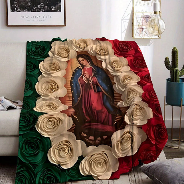 Virgin Mary & Floral Flannel Blanket | Soft, Light & Warm