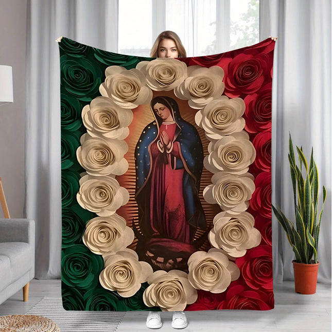 Virgin Mary & Floral Flannel Blanket | Soft, Light & Warm
